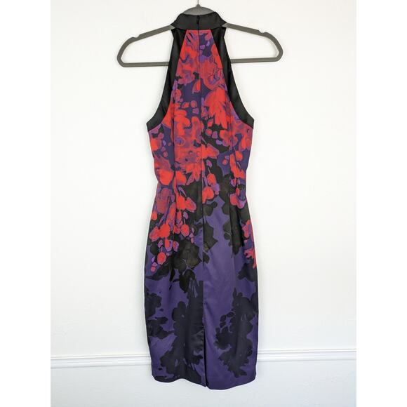 Karen Millen Dress Halter Floral Satin Cocktail Purple Red Black Designer Size 6 - Picture 6 of 13